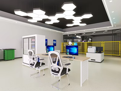 Modern Office Interior Featuring Two Desks Computers White Black Chairs Hexagonal Pendant Lights 3d model