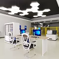 Modern Office Interior Featuring Two Desks Computers White Black Chairs Hexagonal Pendant Lights 3d model