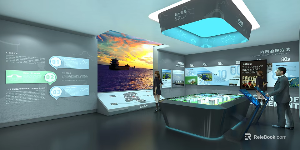 Modern Exhibition Hall With Large Sea View Screen Interactive Display And Model 3d model