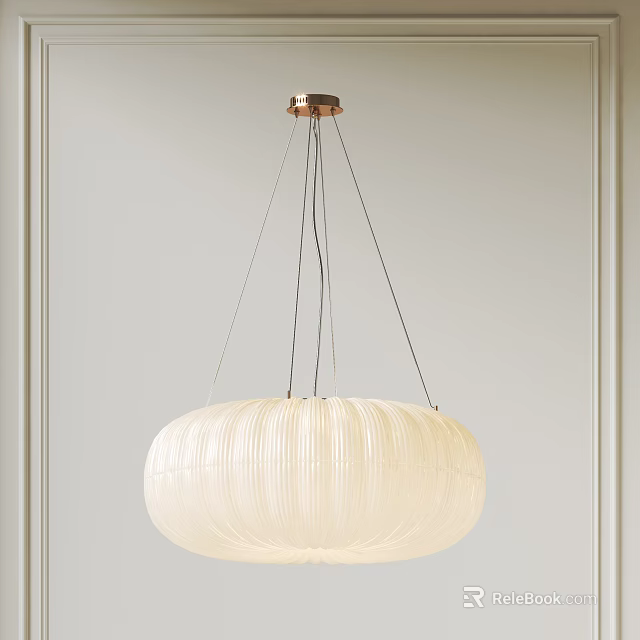 Minimalist White Ribbed Round Pendant Light With Metallic Ceiling Mount In Light Colored Interior 3d model