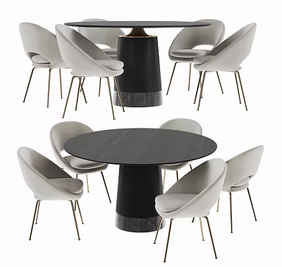 Round Black Dining Table Set With Six Light Gray Chairs And Metal Legs 3d model