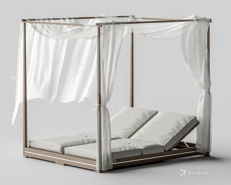 Outdoor Hammock Chair With Four Posts White Curtains And Two White Loungers 3d model 