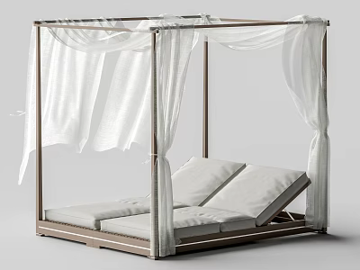 Outdoor Hammock Chair With Four Posts White Curtains And Two White Loungers 3d model