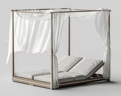 Outdoor Hammock Chair With Four Posts White Curtains And Two White Loungers 3d model