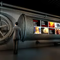 Modern Exhibition Hall With Curved Walls Large Screens Showing Fire Scene Trees And Oil Tank