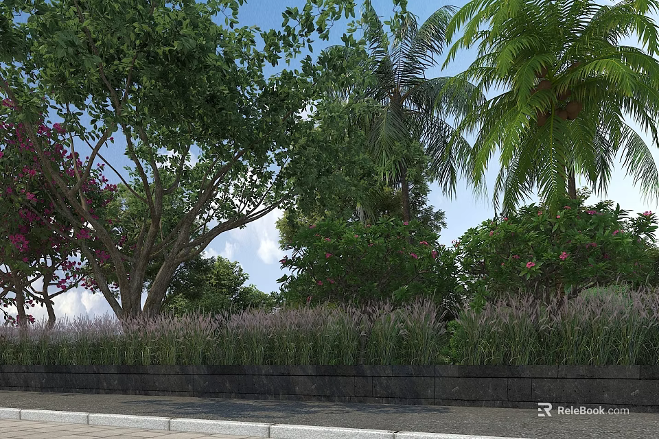 Municipal Road Green Landscape Design With Lush Trees Shrubs And Ornamental Plants 3d model 