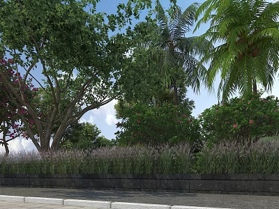 Municipal Road Green Landscape Design With Lush Trees Shrubs And Ornamental Plants 3d model
