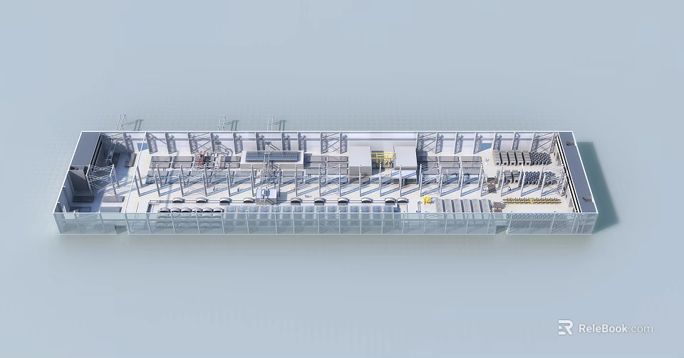 Large Modern Industrial Structure With Steel Framing Glass Facade And Equipment 3d model 
