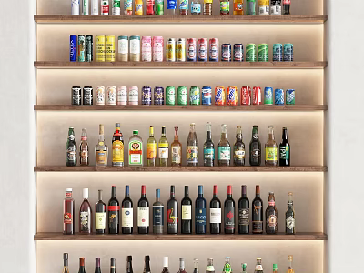 Various Types of Wine Bottles and Glasses Neatly Arranged on Modern Display Shelves 3d model