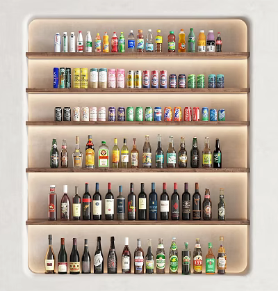 Various Types of Wine Bottles and Glasses Neatly Arranged on Modern Display Shelves 3d model