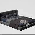 Double Bed with Light Gray Headboard Blue Patterned Pillows and Textured Gray Blanket 3d model