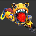 Red Haired Character and Fish Shaped Creature in Vibrant Yellow Blue Outfits Holding Blasters Standing