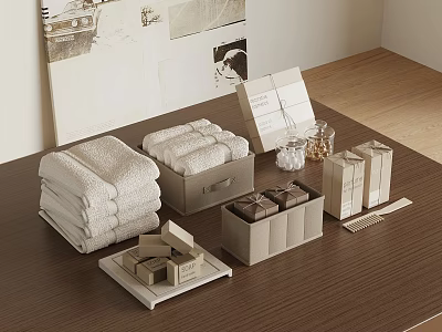 Neatly Arranged Home Accessories With Towels Storage Boxes On Wooden Table 3d model
