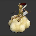 Anime Style Character Sitting On Fluffy Yellow Cloud With Red Ribbons And Blonde Hair