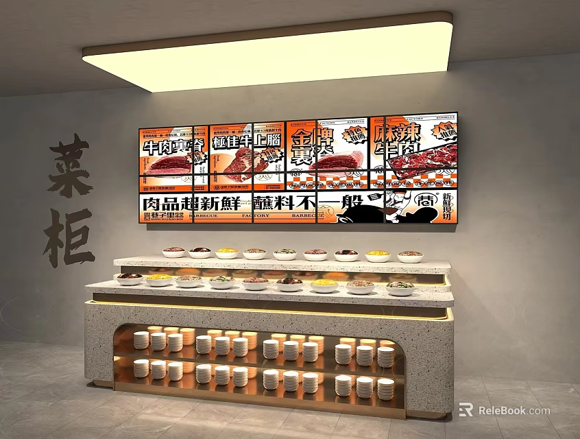 Modern Buffet Sideboard With Displayed Dishes Menu Screens And Storage Compartments 3d model