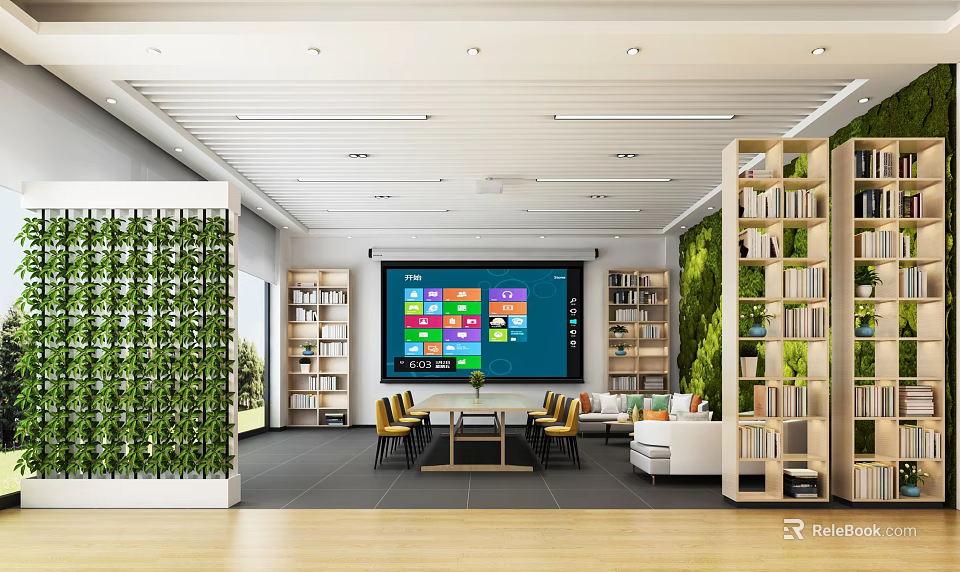 Contemporary Conference Room Setup With Large Digital Screen Living Plant Walls Wooden Bookshelves And Sofa Seating 3d model 