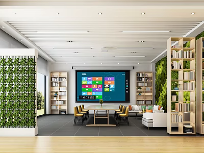 Contemporary Conference Room Setup With Large Digital Screen Living Plant Walls Wooden Bookshelves And Sofa Seating 3d model