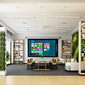Contemporary Conference Room Setup With Large Digital Screen Living Plant Walls Wooden Bookshelves And Sofa Seating