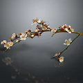 Curved Plum Blossom Branch With White And Pink Flowers On Gray Background With Reflection