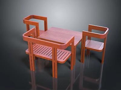 Modern Wooden Dining Furniture Set With Table And Four Slatted Armchairs For Home 3d model