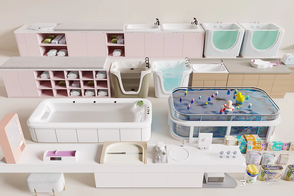 Colorful Household Items Collection Featuring Bathtub Sinks Storage Cabinets Kids Play Pool And Organized Storage 3d model 