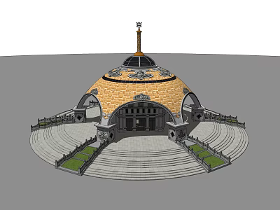 Domed Architectural Structure With Golden Roof Cross Steps And Green Lawn 3d model