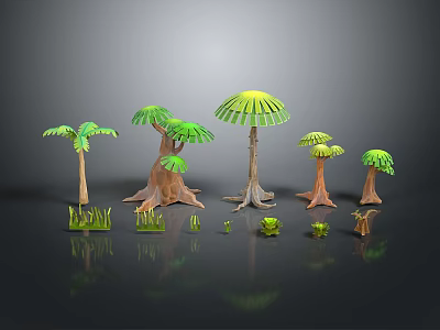 Different Types of Green Plants Including Tropical Trees and Small Grass 3d model