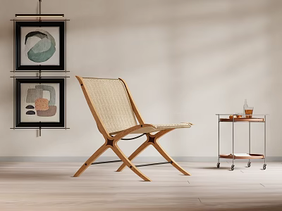 Stylish Wooden Frame Leisure Chair With Rattan Seat And Side Table In Modern Interior 3d model