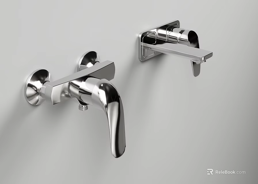 Modern Wall Mounted Chrome Bathroom Faucets With Sleek Silver Finish Design 3d model 
