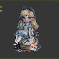 Alice Themed Doll Sitting On Vintage Pocket Watch With Playing Cards Teacup And Apple