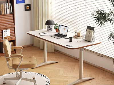 Modern Home Office Desk With Laptop Table Lamp Books Chair And Potted Plant 3d model