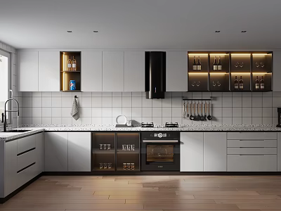 Modern Kitchen Interior With White Cabinets Tile Backsplash Black Appliances And Wooden Flooring 3d model