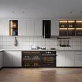 Modern Kitchen Interior With White Cabinets Tile Backsplash Black Appliances And Wooden Flooring