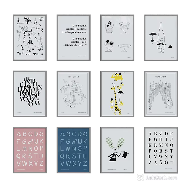 Colorful And Black White Photo Wall Decor With Alphabet Prints Animal Art Typography Designs 3d model 