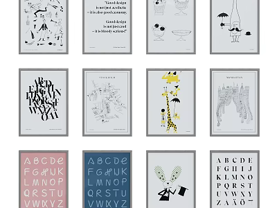 Colorful And Black White Photo Wall Decor With Alphabet Prints Animal Art Typography Designs 3d model
