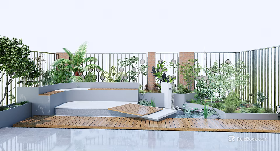 Serene Courtyard Garden With Wooden Deck Gray Sofa Small Water Pool And Various Green Plants 3d model 