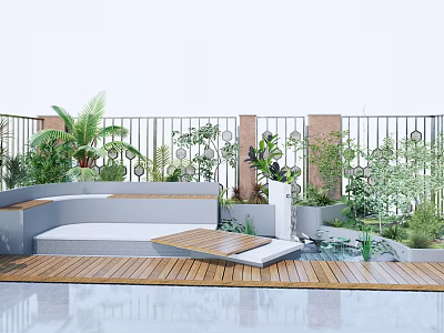 Serene Courtyard Garden With Wooden Deck Gray Sofa Small Water Pool And Various Green Plants 3d model