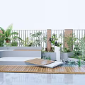 Serene Courtyard Garden With Wooden Deck Gray Sofa Small Water Pool And Various Green Plants