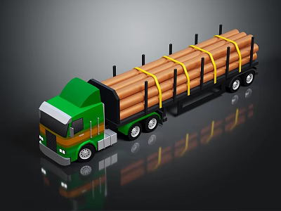 Green Logging Truck Carrying Stacked Logs Secured With Yellow Straps On Flatbed 3d model