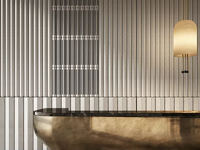 Modern Luxury Reception Desk Interior Design With Metal Countertop Striped Wall And Pendant Light 3d model