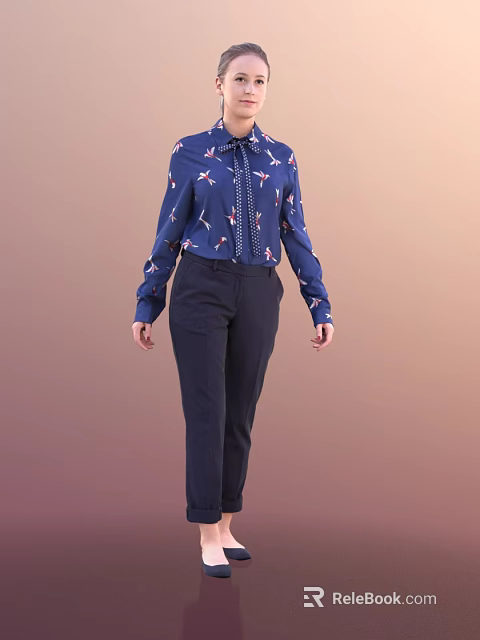 Woman in Blue Floral Shirt and Dark Pants Standing Against Gradient Pink Background 3d model 
