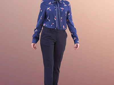 Woman in Blue Floral Shirt and Dark Pants Standing Against Gradient Pink Background 3d model
