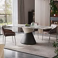 Elegant Modern Dining Table Set With Marble Top And Brown Leather Chairs