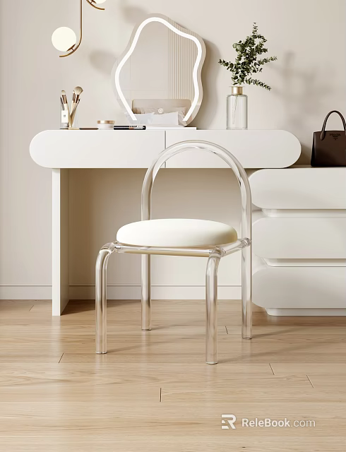 Modern White Dressing Table with Transparent Chair White Cushion and Decorative Items 3d model