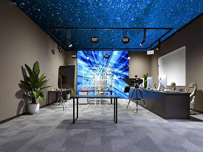 Modern Public Office Space With Starry Ceiling Blue Projection Screen And Green Plants 3d model
