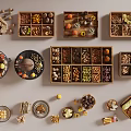 Assorted Foods Display With Nuts Fruits Grains Chocolates In Wooden Boxes And Plates