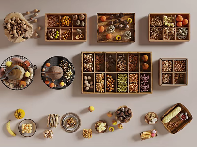Assorted Foods Display With Nuts Fruits Grains Chocolates In Wooden Boxes And Plates 3d model