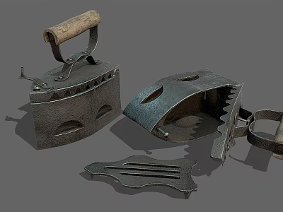 Vintage Daily Use Electrical Appliances Including Iron With Wooden Handle And Metal Tools 3d model
