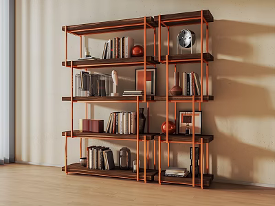 Modern Bookcase Interior Design With Metal Frame Shelves Books And Decorative Items 3d model