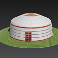 Dome Shaped Building Model With White Exterior Orange Stripes Red Door On Green Base